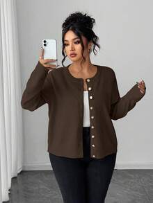 Elenzga Plus Size Casual Solid Color Gold Button Long Sleeve Cardigan - Brown - View 3