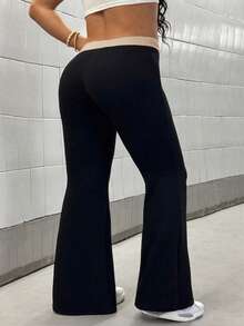 Maweii 大码女式街头风格撞色抽绳腰部前印花修身喇叭裤 - 黑色 - 查看 2