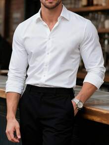 Manfinity Mode 1 件装男士纯色长袖单排扣休闲衬衫（秋季）