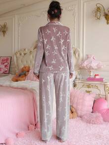 Bộ đồ ngủ nữ PetitDoll màu trơn nơ vải nhung jacquard và quần, bộ đồ ngủ mềm mại thu đông, bộ đồ ngủ lụa, đồ ngủ nữ 2 món, bộ đồ ngủ - Bụi tím - Xem 2