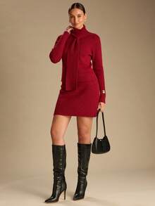 Enchnt Women's Wine Red Stand Collar Long Sleeve Knitted Mini Dress With Scarf,Elegant Chic Autumn Fall Clothes For Party,Brunch,Holiday&Office - Burgundy - View 3