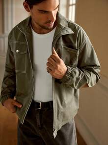 Mainfolk Men's Casual Stand Collar Contrast Color Line Utility Jacket, For Fall Winter - Army Green - View 3