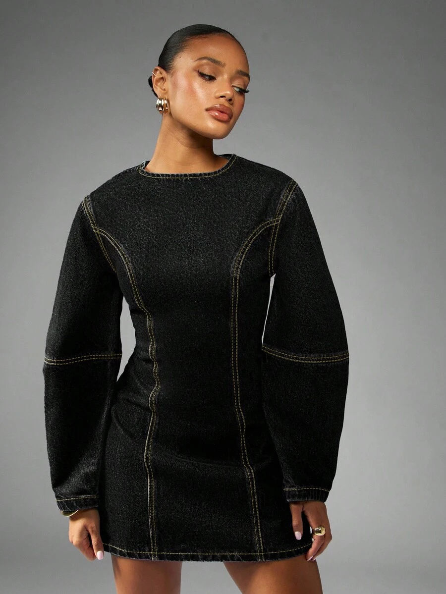 MISSGUIDED 修身迷你牛仔连衣裙，茧型袖，撞色缝线，适合秋季休闲穿着 - 黑色 - 查看 1