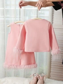 女童甜美纯色长袖夹克和长裙套装 - 粉色 - 查看 2