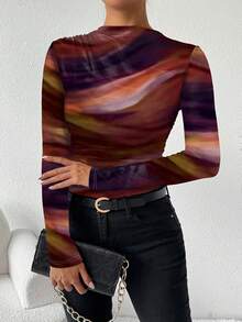 Chiquease Camiseta de manga larga asimétrica con pliegues y estampado degradado, camisetas gráficas para mujer de otoño/primavera - Naranja - Ver 6