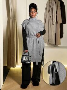 Maweii Damska szara, codzienna, swobodna, wysoka, bezrękawnikowa sukienka z paskiem w jednolitym kolorze, spersonalizowana, prosta, modna, pasująca do dwóch ubrań, projekt Sense Advanced, średniej długości, warstwowy krój, dzianinowy sweter w dużym rozmiarze, kamizelka, bez rękawów, elegancka, jednolita, rozcięta sukienka dzianinowa w kształcie litery A, wiosna, jesień, zima