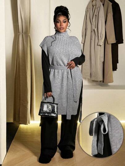 Maweii Damska szara, codzienna, swobodna, wysoka, bezrękawnikowa sukienka z paskiem w jednolitym kolorze, spersonalizowana, prosta, modna, pasująca do dwóch ubrań, projekt Sense Advanced, średniej długości, warstwowy krój, dzianinowy sweter w dużym rozmiarze, kamizelka, bez rękawów, elegancka, jednolita, rozcięta sukienka dzianinowa w kształcie litery A, wiosna, jesień, zima