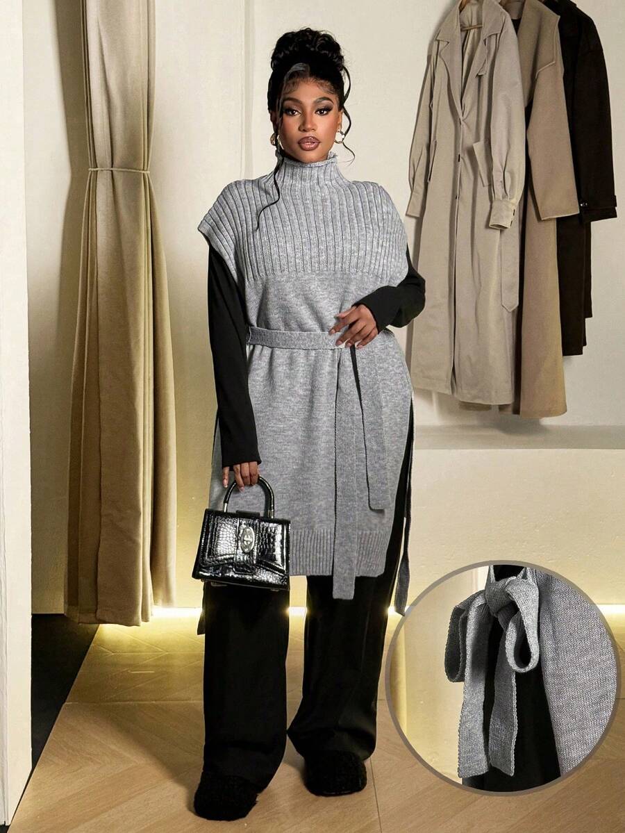 Maweii Damska szara, codzienna, swobodna, wysoka, bezrękawnikowa sukienka z paskiem w jednolitym kolorze, spersonalizowana, prosta, modna, pasująca do dwóch ubrań, projekt Sense Advanced, średniej długości, warstwowy krój, dzianinowy sweter w dużym rozmiarze, kamizelka, bez rękawów, elegancka, jednolita, rozcięta sukienka dzianinowa w kształcie litery A, wiosna, jesień, zima