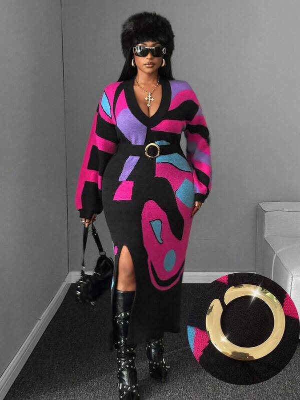 Maweii Women's Retro V-Neck Long-Sleeved Vacation Drop Shoulder Abstract Pattern Jacquard Personalized Design Black Slit Long Dress Purple Metal Ring Belt Plus Size Sweater Elegant Floor Length Wrap Dresses, Spring Fall Winter