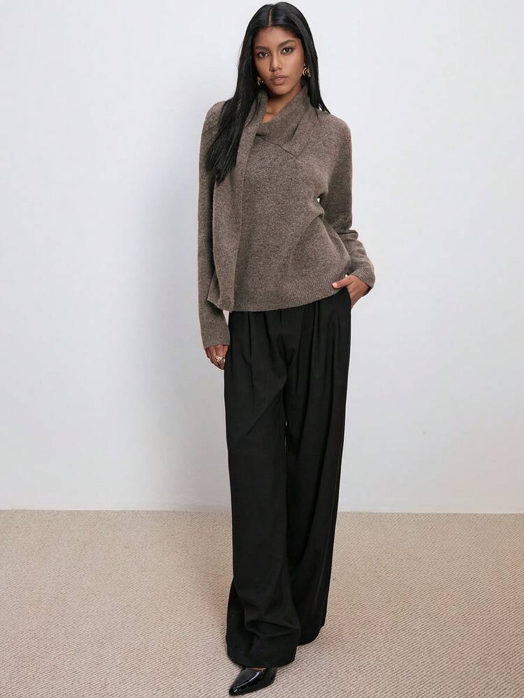 ATUI Studio 女士保暖防寒羊毛针织衫，披肩领设计，新款秋冬长袖宽松上衣，休闲时尚简约针织衫，圣诞套头衫，通勤百搭。 - 摩卡棕 - 查看 2