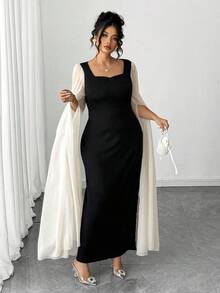 Elenzga Plus Size Women Elegant Waist Fitted Black & White Mesh Sleeve Dress Fall Cloth For Women - Black - View 8