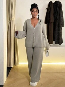 Maweii 大码女式毛衣套装，纯色，浅灰色，深V领纽扣长袖上衣+长裤 - 淺灰色 - 查看 3
