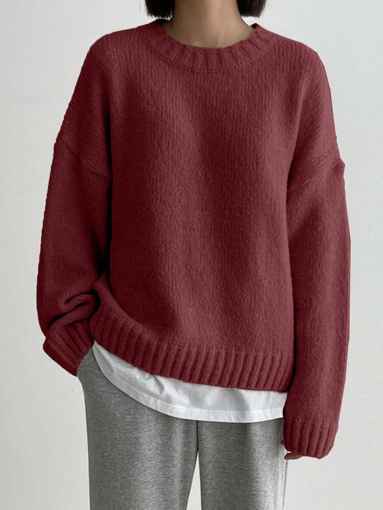 Women's Solid Color Round Neck Drop Shoulder Casual Knit Pullover Sweater