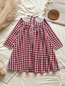 Vintaside Kids Váy kẻ caro cho bé gái, phong cách đồng quê, thanh lịch, tay dài, vải lanh cotton, thích hợp cho mùa chuyển mùa xuân và thu - Đỏ - Xem 2