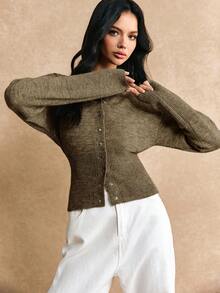 Poéselle Áo len cardigan dệt kim đơn giản, tay dài, màu trơn, cài nút phía trước, dáng ôm, ngắn, áo len nữ, áo len nữ, áo len dệt kim, quần áo mùa đông nữ, quần áo mùa thu nữ, FW24 - xanh quân đội - Xem 3