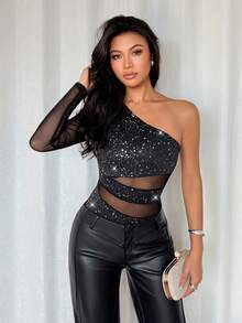 Rafferiza 时尚性感连体衣，网纱拼接，单肩设计，适合派对和聚会，女士连体衣，黑色连体衣，女士沙滩时尚连体衣 - 黑色 - 查看 5