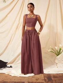 Zivah 新款春夏度假休闲鱼骨吊带上衣和阔腿裤两件套西装带口袋，纹理面料 - 款式B - 珊瑚粉 - 查看 8