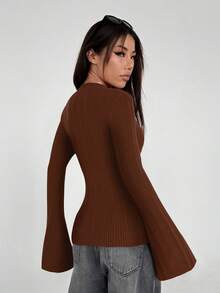 SHEIN Unity 女士时尚喇叭袖纯色修身毛衣，秋冬 - 棕色 - 查看 2