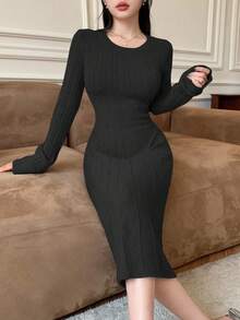 Modelyn Women's Solid Color Waist Cinched Knit Dress, Autumn/Winter