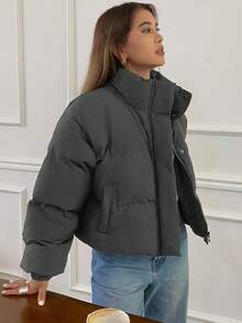 DAZY 前开式宽松女式夹棉大衣、长袖夹克 - 灰色 - 查看 5