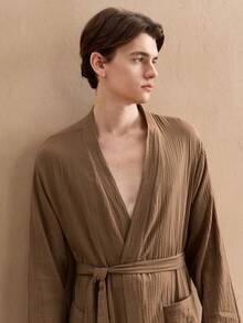 EverLounge 100%纯棉 Old Money 男士简约纯色纹理双口袋睡袍，秋季棕色长袍，适合度假和冬季穿着 - 棕色 - 查看 7