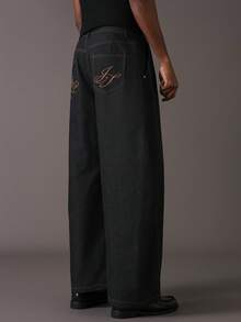 STYNVO Men's Letter Embroidered Pocket Wide Leg Loose Casual Pants Jeans Wide Leg Graphic Jeans Western Pants Baggy Jeans - Black - View 1