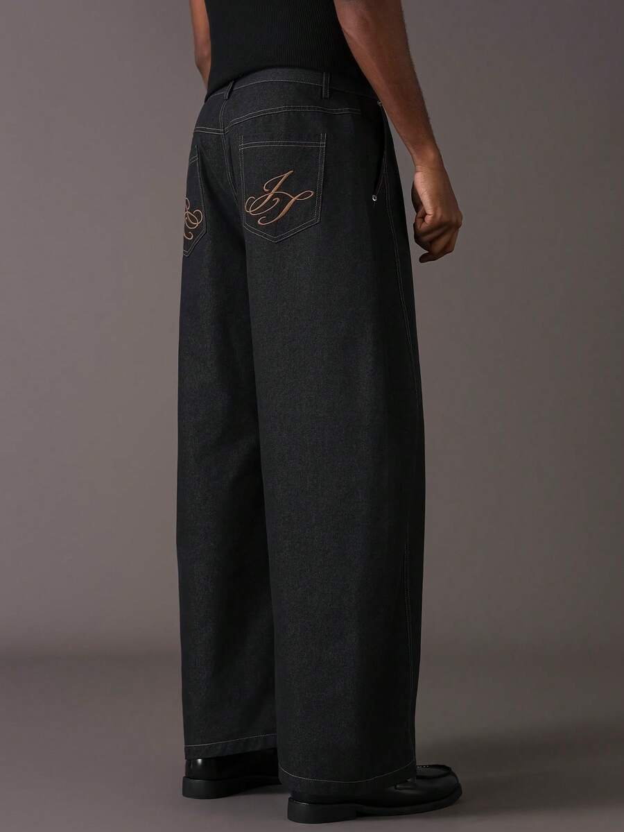 STYNVO Men's Letter Embroidered Pocket Wide Leg Loose Casual Pants Jeans Wide Leg Graphic Jeans Western Pants Baggy Jeans - Black - View 1