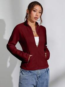 SHEIN Unity 1 件女士休闲羊毛面料修身纯色拉链长袖夹克 - 酒紅色 - 查看 5