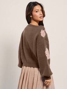 WESTFADE 乡村西部风花卉嵌花船领长袖针织毛衣，休闲可爱，西部风，波西米亚风，秋季，冬日 - 棕色 - 查看 5