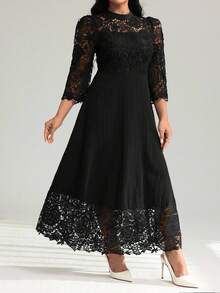 Modelyn Váy Maxi dài tay thêu lỗ vàng chắp vá cỡ lớn cho nữ - màu đen - Xem 3