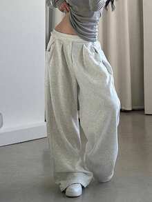 INAWLY Quần nỉ ống đứng lưng thun co giãn cỡ lớn cho nữ - Màu Xám nhạt - Xem 1