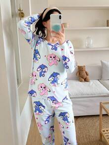 2 件套青少年女孩长袖圆领毛衣上衣和宽松裤子睡衣套装，可爱兔子印花，柔软针织面料，舒适，甜美风格，蓝色新款 - 彩色 - 查看 3