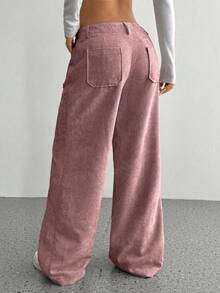 SHEIN Unity 1pc Women's Corduroy Straight Leg Pants, Front & Back Pockets Design, Casual Everyday Campus Wear Wide Leg Trousers, Lotus Root Color - Dusty Pink - View 2