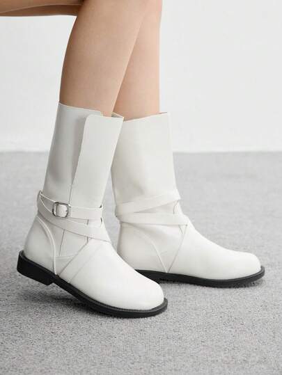 CUCCOO BIZCHIC 女士时尚白色可爱珍珠平底踝靴