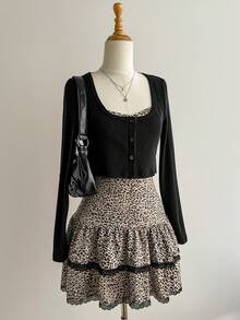 Elamini Bộ đồ hai mảnh họa tiết da báo đen hở lưng, ôm sát, viền xếp nếp, ren, chắp vá, áo crop top cài nút phía trước, thời trang thu đông cho nữ, dự tiệc đi làm, trang phục dạo phố thanh lịch, cổ điển, tốt nghiệp hàng ngày - Nhiều màu - Xem 1