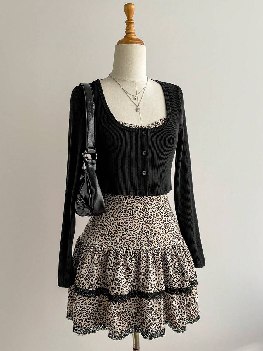 Elamini Bộ đồ hai mảnh họa tiết da báo đen hở lưng, ôm sát, viền xếp nếp, ren, chắp vá, áo crop top cài nút phía trước, thời trang thu đông cho nữ, dự tiệc đi làm, trang phục dạo phố thanh lịch, cổ điển, tốt nghiệp hàng ngày - Nhiều màu - Xem 1