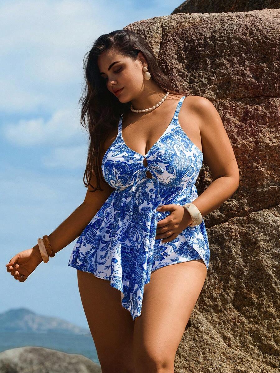 Swim Lushoire Đồ bơi Tankini 2 mảnh họa tiết hoa dây mảnh cỡ lớn dành cho nữ kèm quần tam giác - Nhiều màu - Xem 1