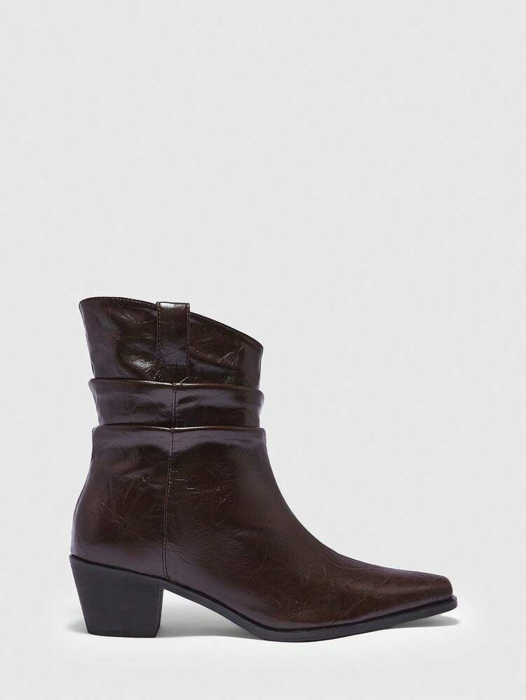 CUCCOO BIZCHIC Autumn/Winter New Coffee Brown Square Toe Chunky Heel Wrinkle Slip-On Fashionable Versatile Women Ankle Boots