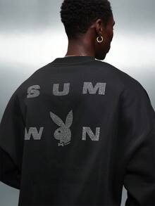 PLAYBOY X SUMWON Men's Rhinestone Embellished Crop Sweatshirt With Logo Print Design For Casual Winter Street Style - Black - View 1
