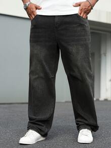 Manfinity Homme Plus Size Men's Casual Loose Fit Pockets Denim Jeans Men Baggy Black Jeans