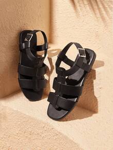 多功能单扣平底凉鞋，非软底沙滩拖鞋 - 黑色 - 查看 1