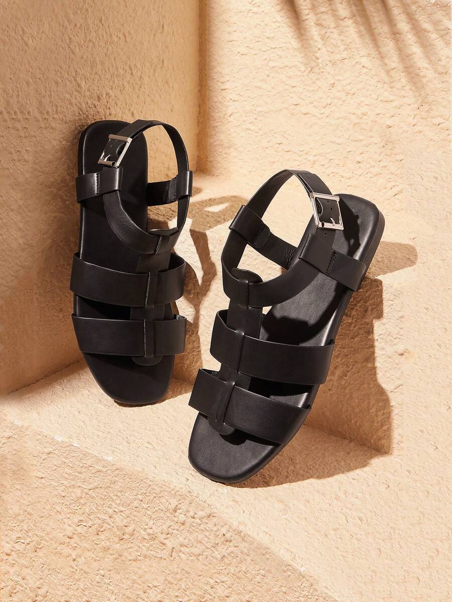 多功能单扣平底凉鞋，非软底沙滩拖鞋 - 黑色 - 查看 1
