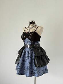 Sunspun Fall/Winter Elegant Gothic Mini Skirt, Double-Layer Pleated Design With Eyelets Waistband, Belted Skirt - Black - View 5