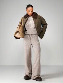 MISSGUIDED High Waist Straight Leg Knit Trousers With Embroidery Details Casual Lounge Pants For Women - Grey - View 3