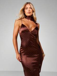 MISSGUIDED Chocolate Satin Polka Dot Halter Neck Midaxi Dress With Twisted Front Detail - Brown - View 3