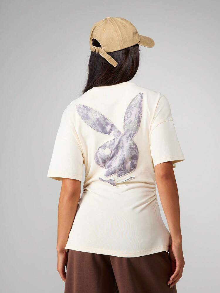 Missguided x Playboy Oversized Cinched Waist Vintage Washed Tee With Crew Neck Short Sleeves For Casual Everyday Wear