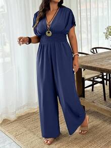 SHEIN PETITE CURVE Plus Size Solid Color Shirred Jumpsuit, Casual & Versatile Short Sleeve