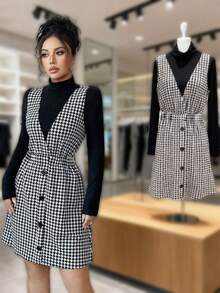 Elenzga 1 套女士优雅浪漫长袖高领上衣和 V 领腰部褶皱格子 A 字裙 - 黑與白 - 查看 1