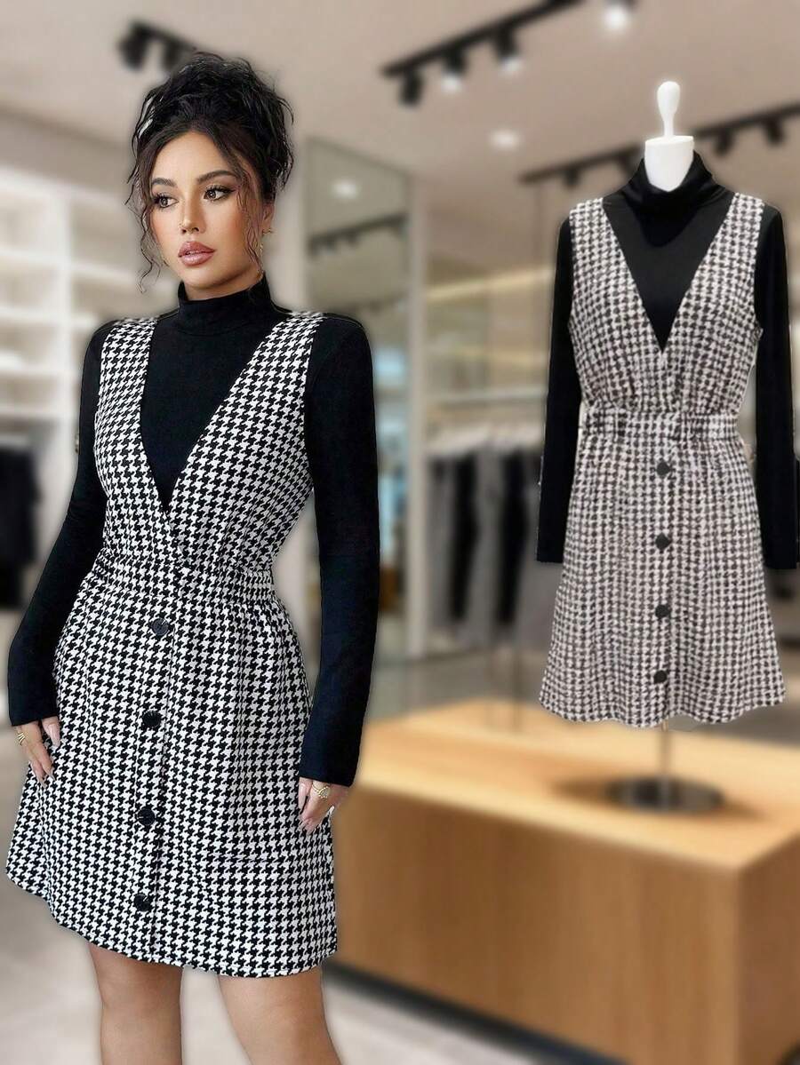 Elenzga 1 套女士优雅浪漫长袖高领上衣和 V 领腰部褶皱格子 A 字裙 - 黑與白 - 查看 1