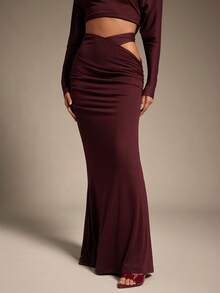 Hauture Falda larga de sirena marrón ciruela con corte lateral y fruncido para salir